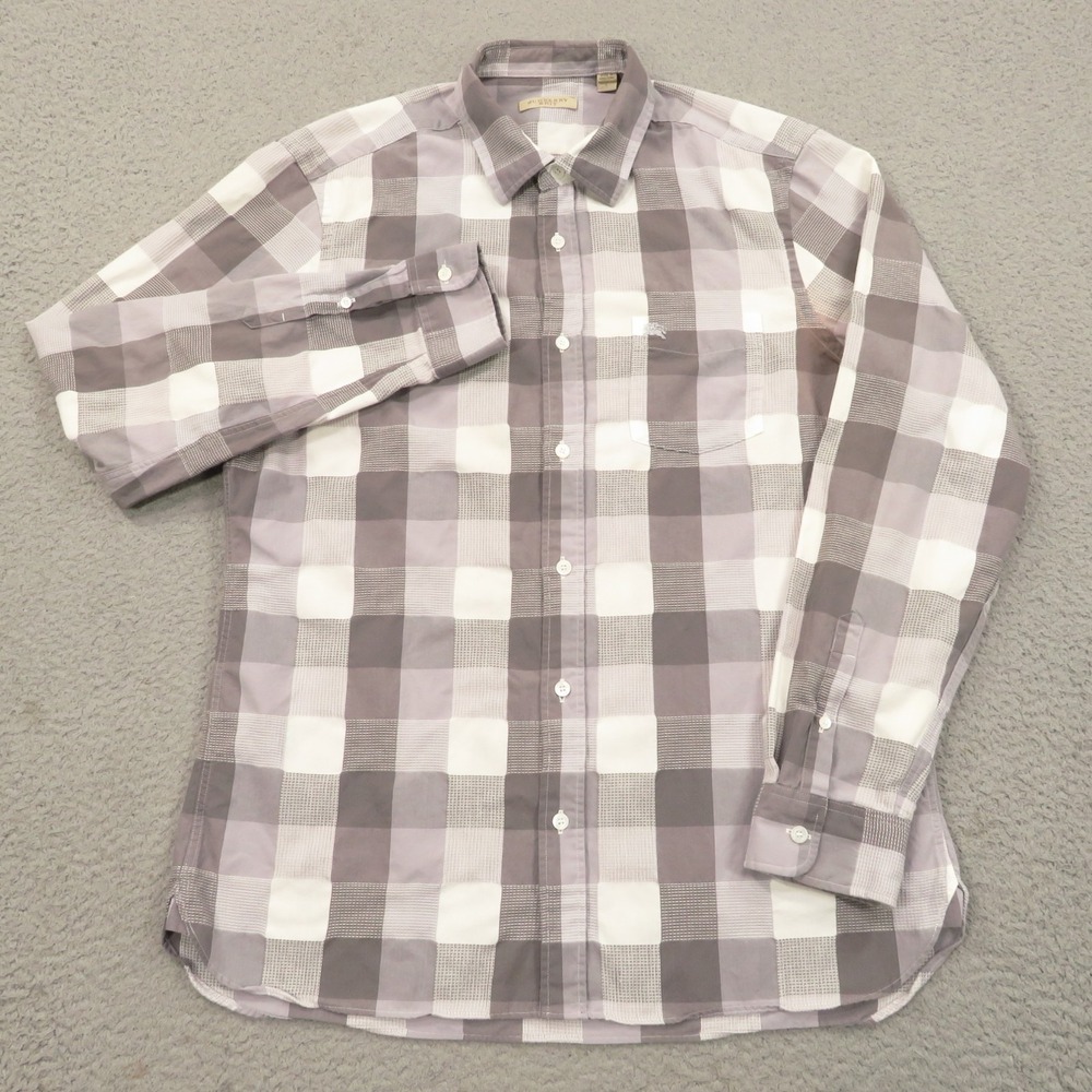 Burberry Brit Shirt Mens Large Grey White Check Plaid Designer Luxury Button Up